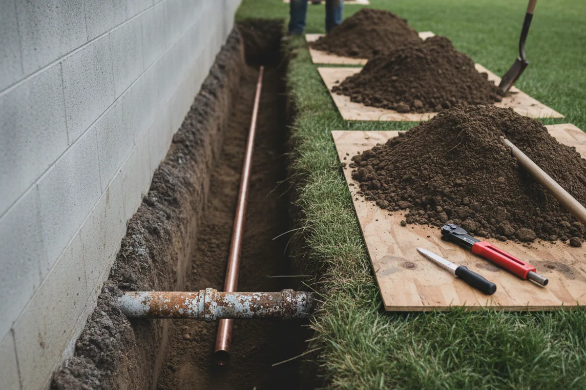 Excavated water line trench during Water Softener Installation in Stovall